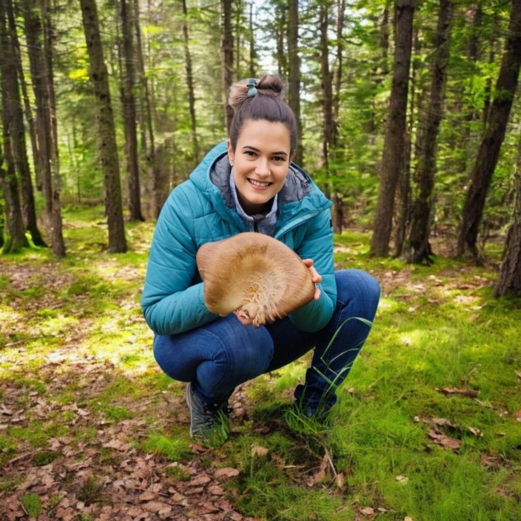 Wo alles begann: Eine Frage im Wald, die unser Leben veränderte Silvia steht lächelnd in einem Wald in Zürich und hält einen sehr grossen, von ihr gefundenen Pilz in den Händen.