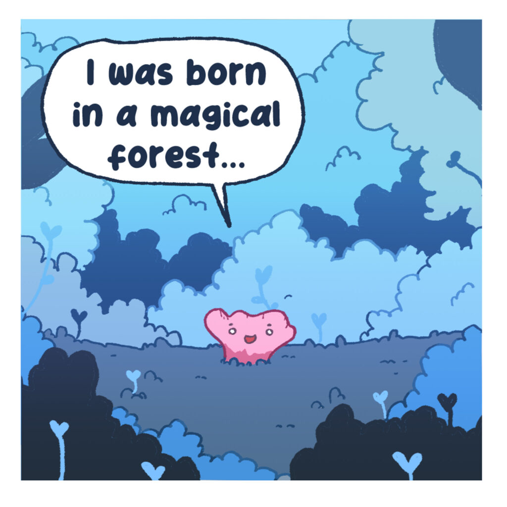 Geduld zahlt sich aus – Pilze wachsen im eigenen Tempo Comic-Panel zeigt einen Züripilz, der in einem Wald wächst und verkündet, gerade geboren zu sein.