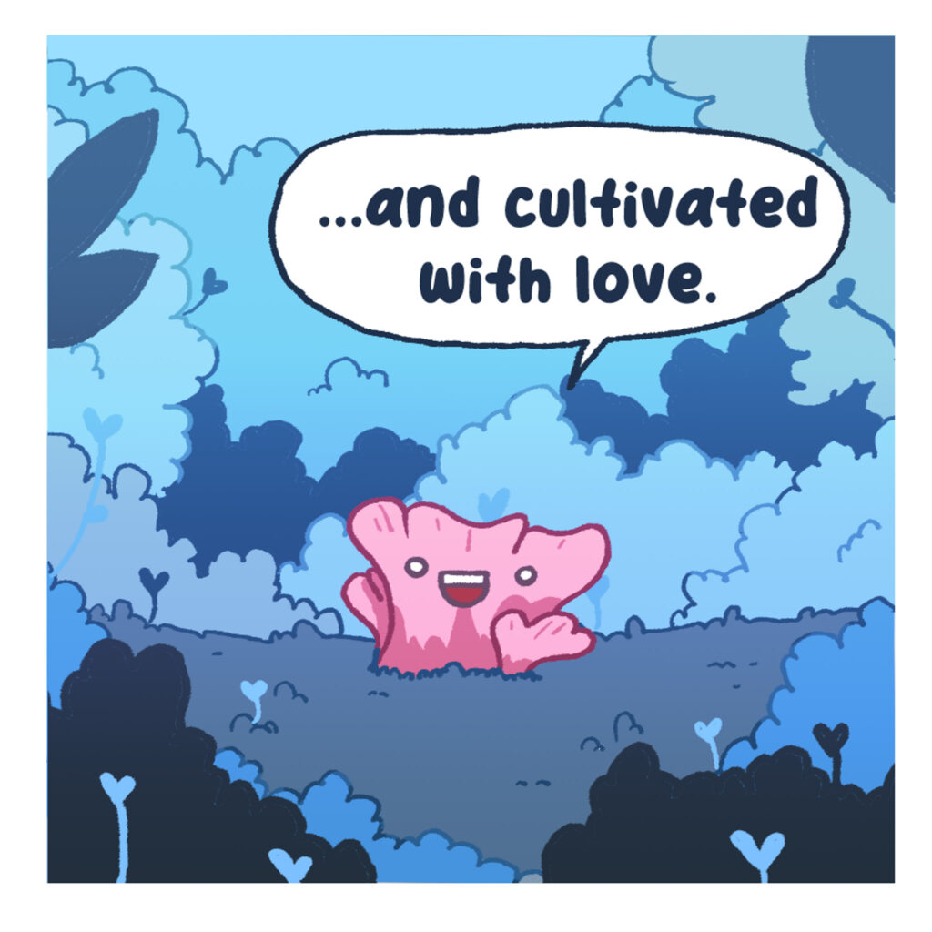 Stroh – Das natürliche Bett für unsere Qualitäts-Pilze Comic-Panel zeigt den wachsenden Züripilz aus dem ersten Bild, der strahlend erklärt, dass er mit viel Liebe kultiviert wurde.