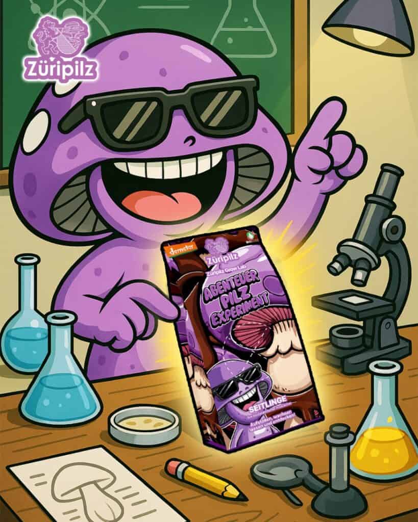 Spori untersucht Pilze mit Mikroskop und Petrischalen im Forschungslabor