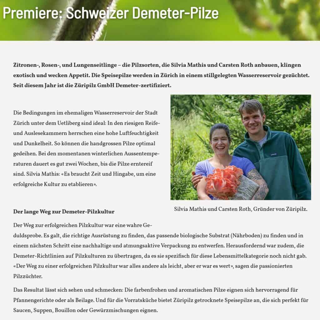 Züripilz in der NZZ – Stadtpilze aus Zürich erobern die Feinschmeckerwelt Screenshot 2025 05 21 171707
