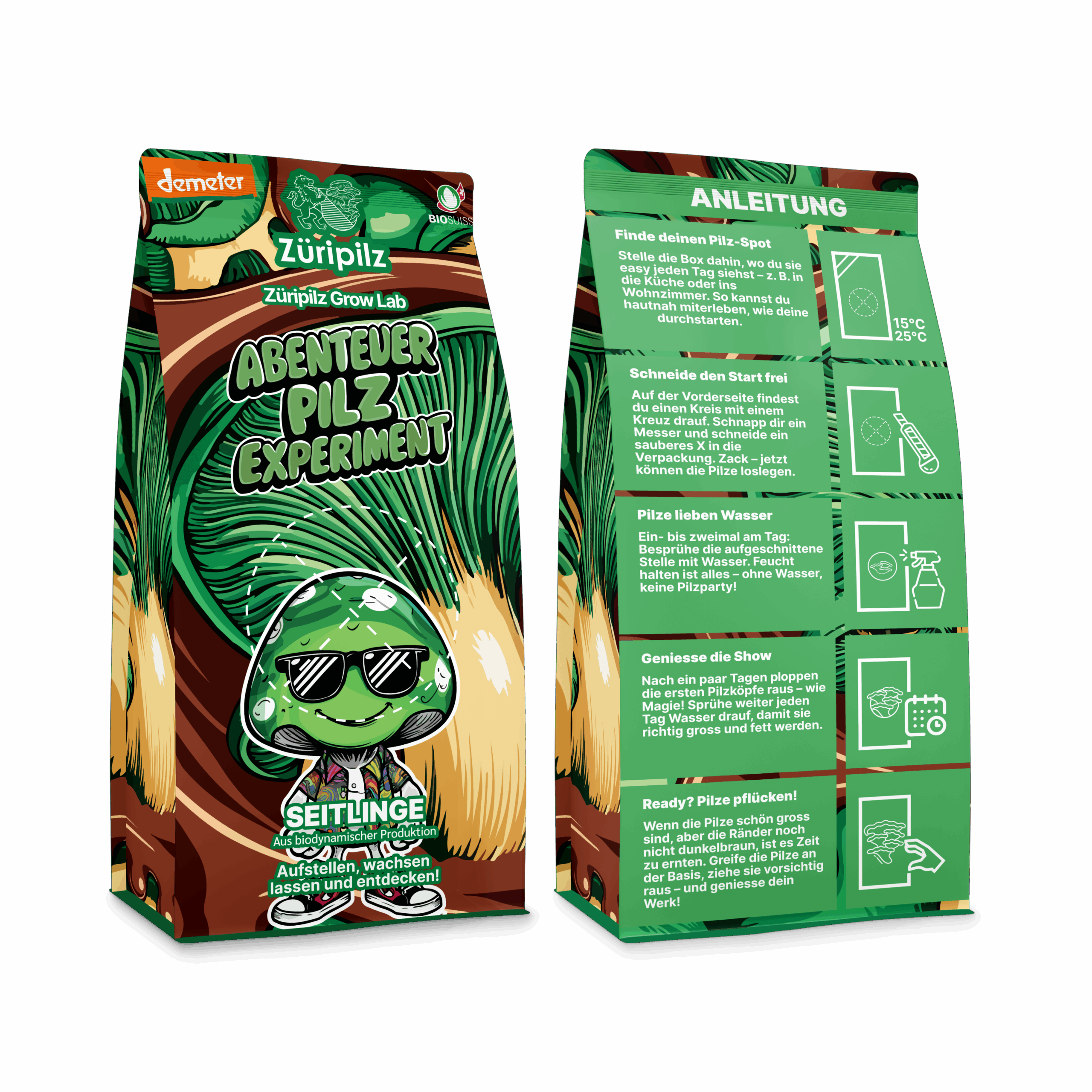 Grüne Abenteuer-Pilzbox mit aufgedrucktem Mossa-Maskottchen als Mockup-Produktbild.