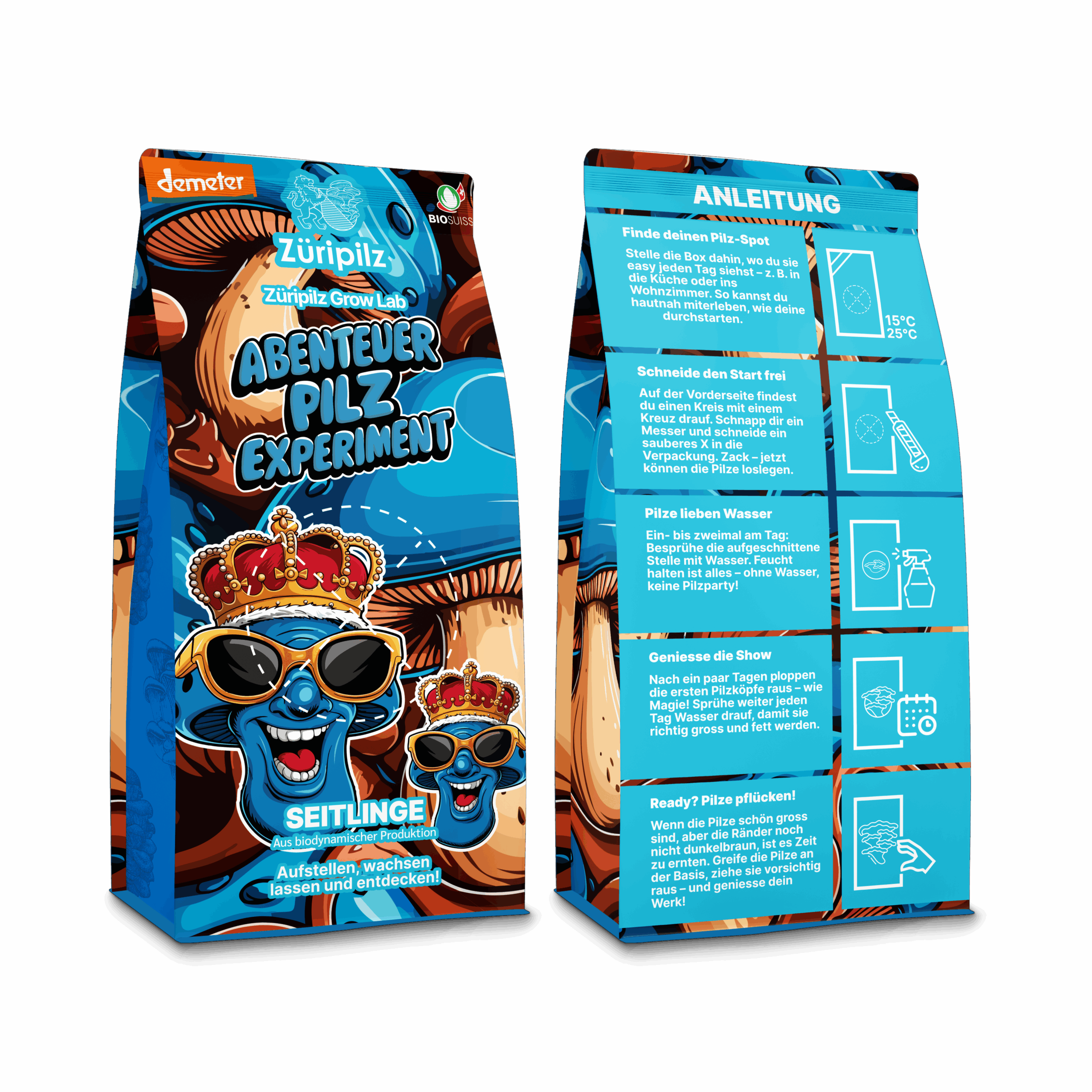 Blaue Verpackung des Pilz-Experiments mit Pilo, dem König der Pilze