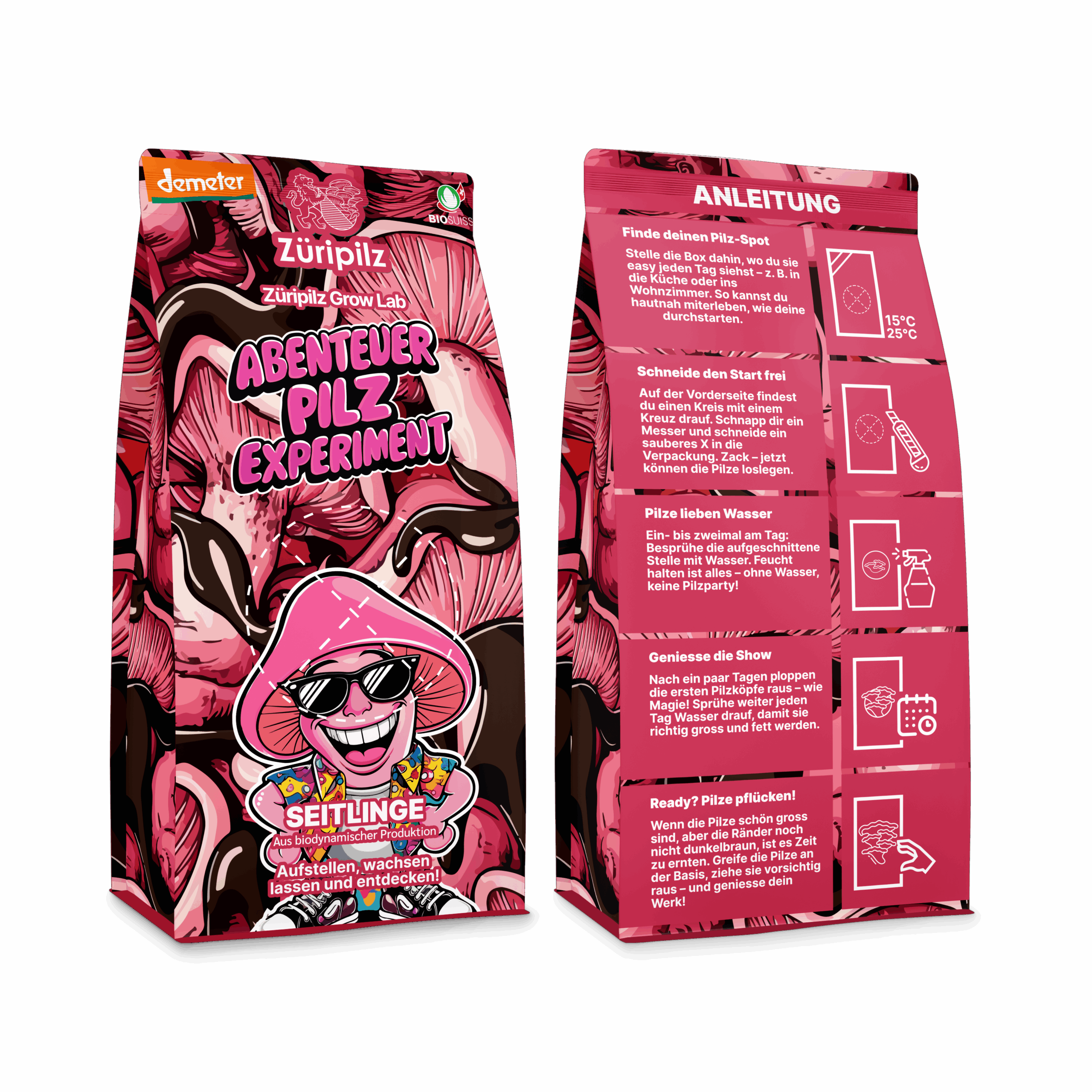 Pinkfarbene Verpackung des Pilz-Experiments mit Luma, der kreativen Figur