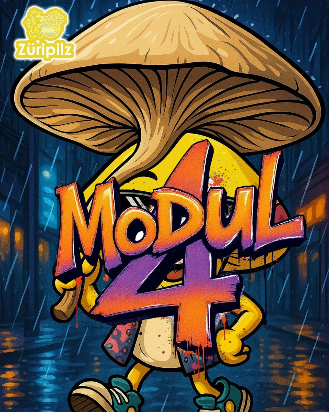 Sunny hält einen Pilz in die Luft – Titelbild von Modul 4 der Züripilz-Entdeckerserie