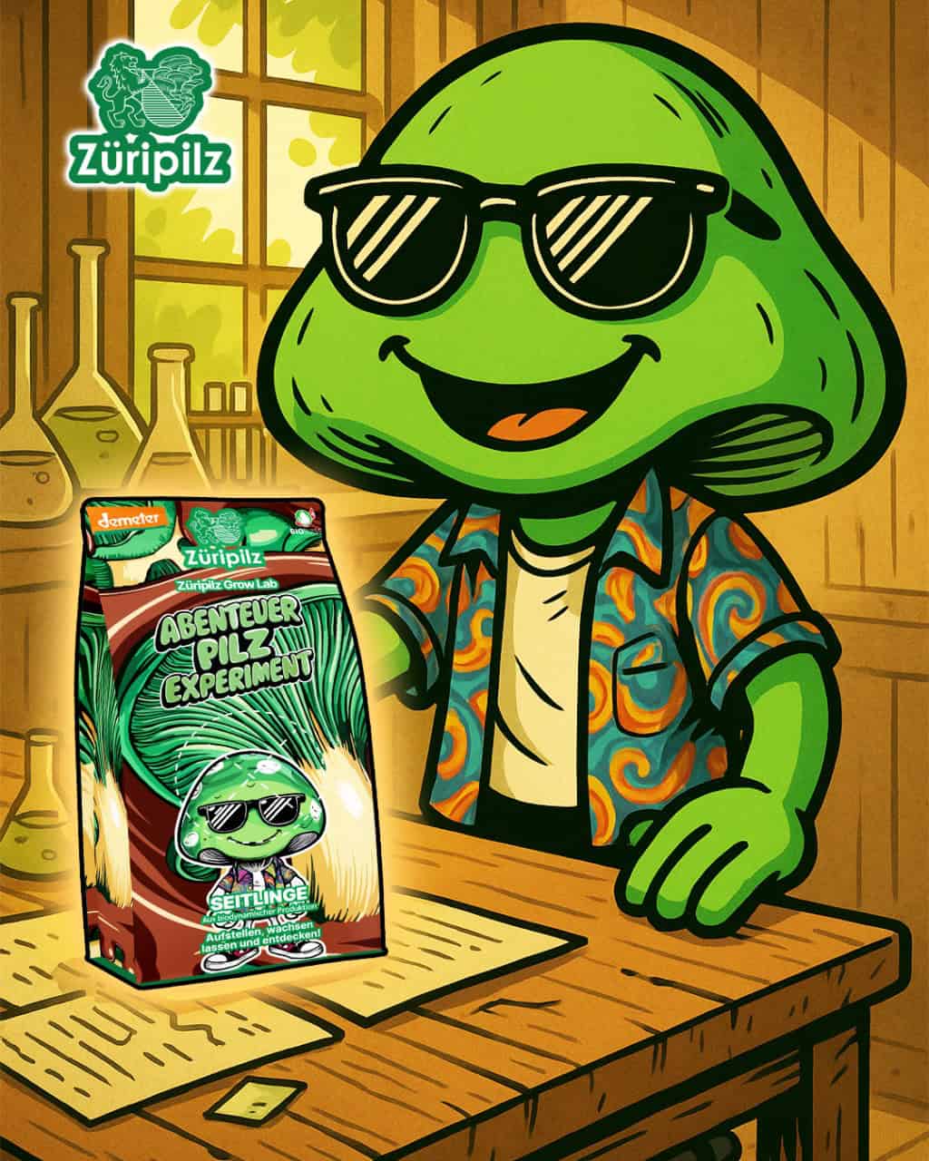 Mossa denkt tief nach und tüftelt an der Abenteuer-Pilzbox wie Einstein