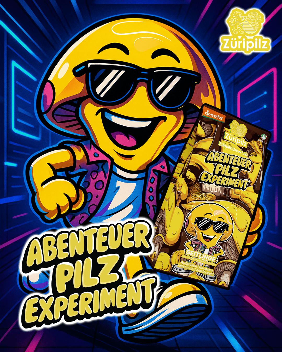 Sunny rennt fröhlich mit dem Pilzexperiment durch eine neonbunte Matrix-Spielwelt