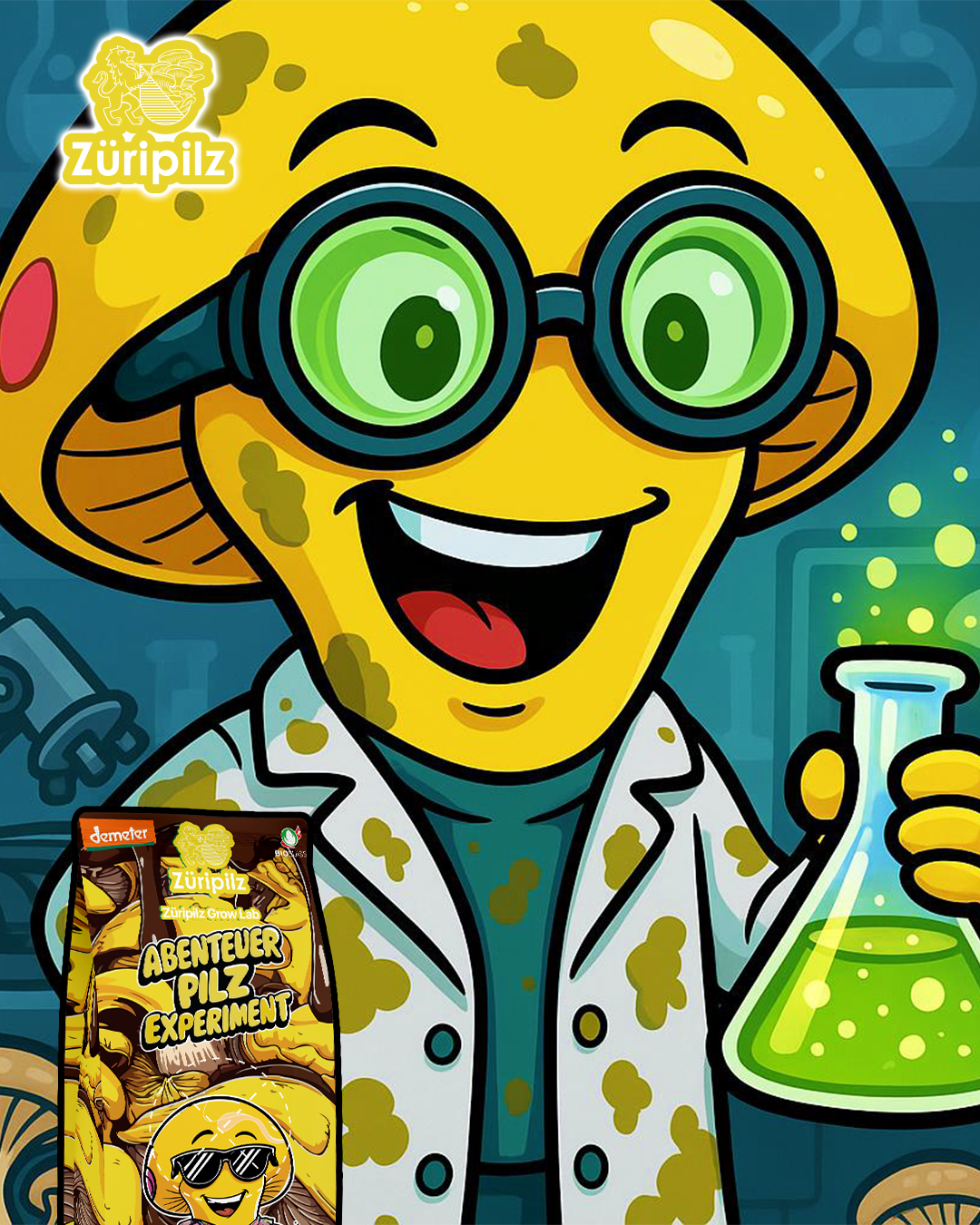 Züripilz-Maskottchen Sunny arbeitet konzentriert im Labor an einem Pilzexperiment.