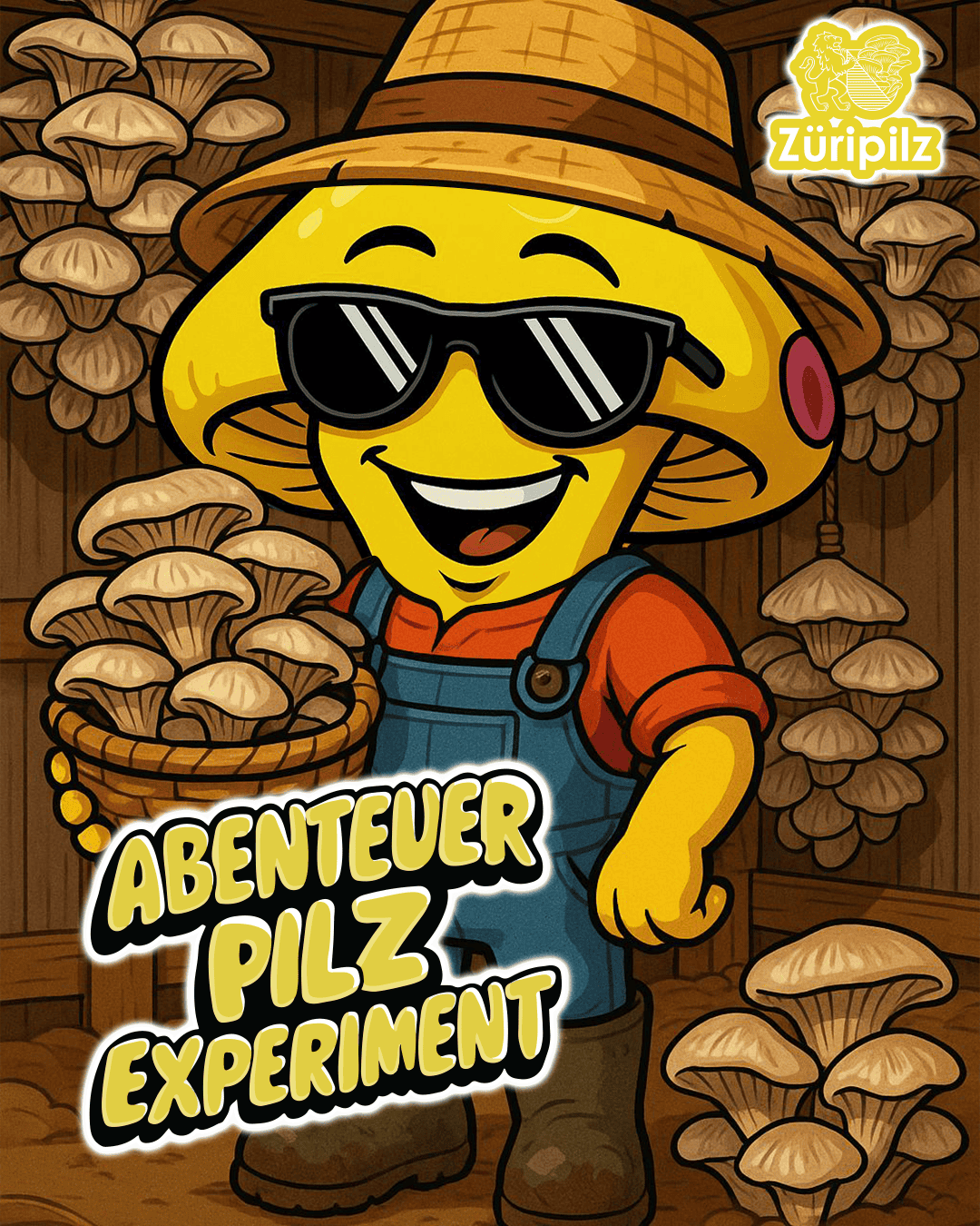 Maskottchen Sunny steht inmitten vieler Pilze in einer liebevoll gestalteten Pilzzucht.