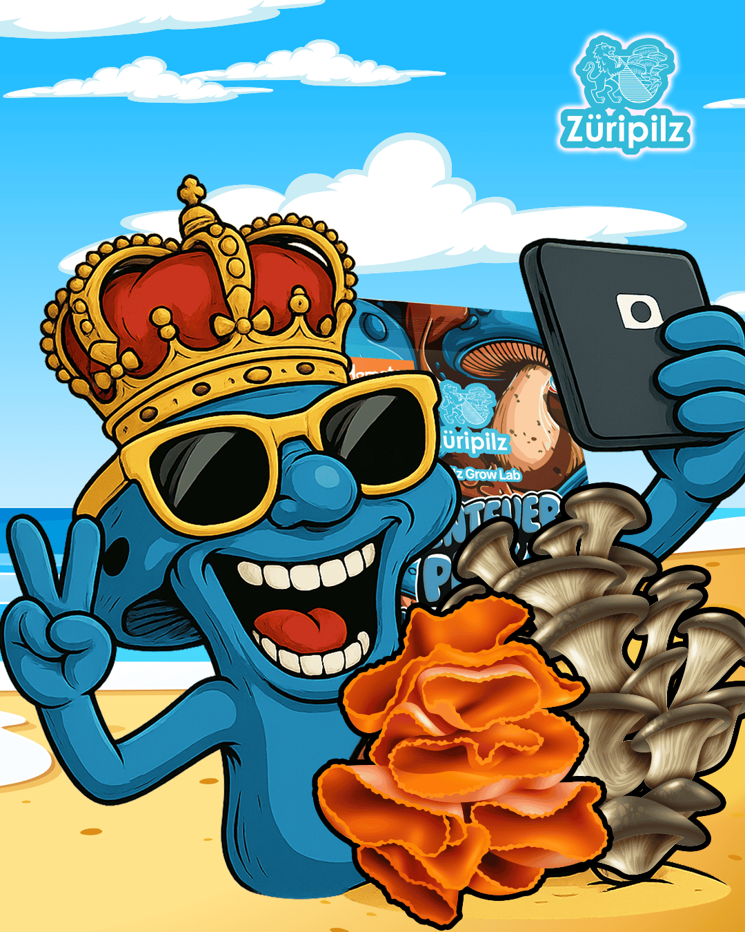 Pilo macht ein Selfie vor Züripilzen aus dem Pilz Experiment