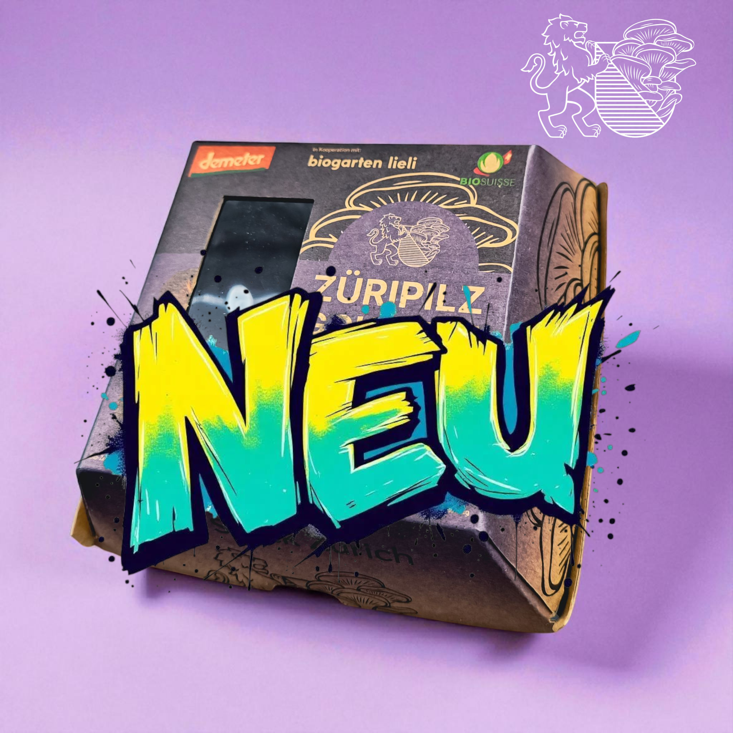Neue ZüriPilz-Verpackung aus Karton mit "NEU"-Aufschrift auf lila Hintergrund