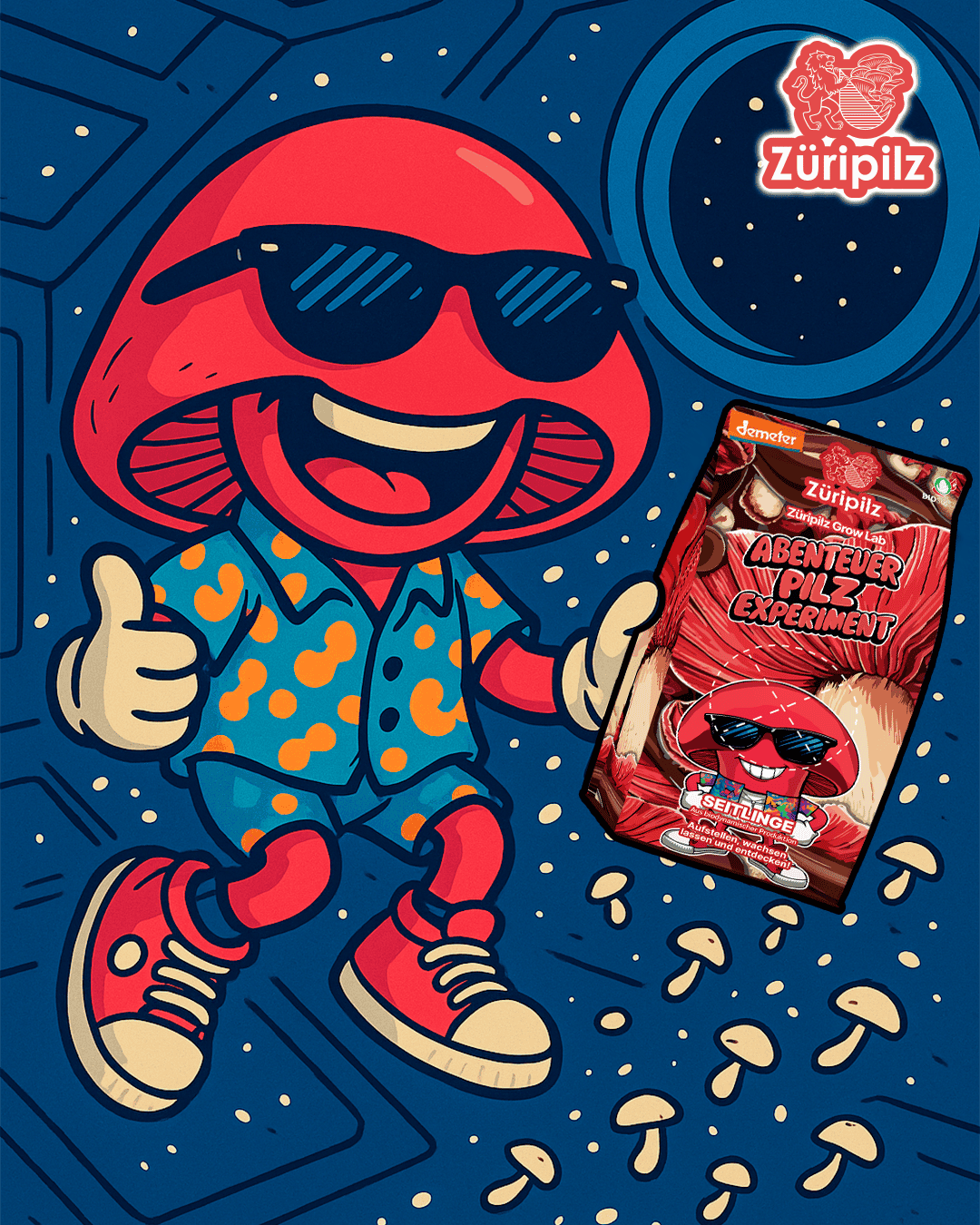 Maskottchen Capsi hält die Abenteuer-Pilzbox im fantasievollen Pilzhimmel