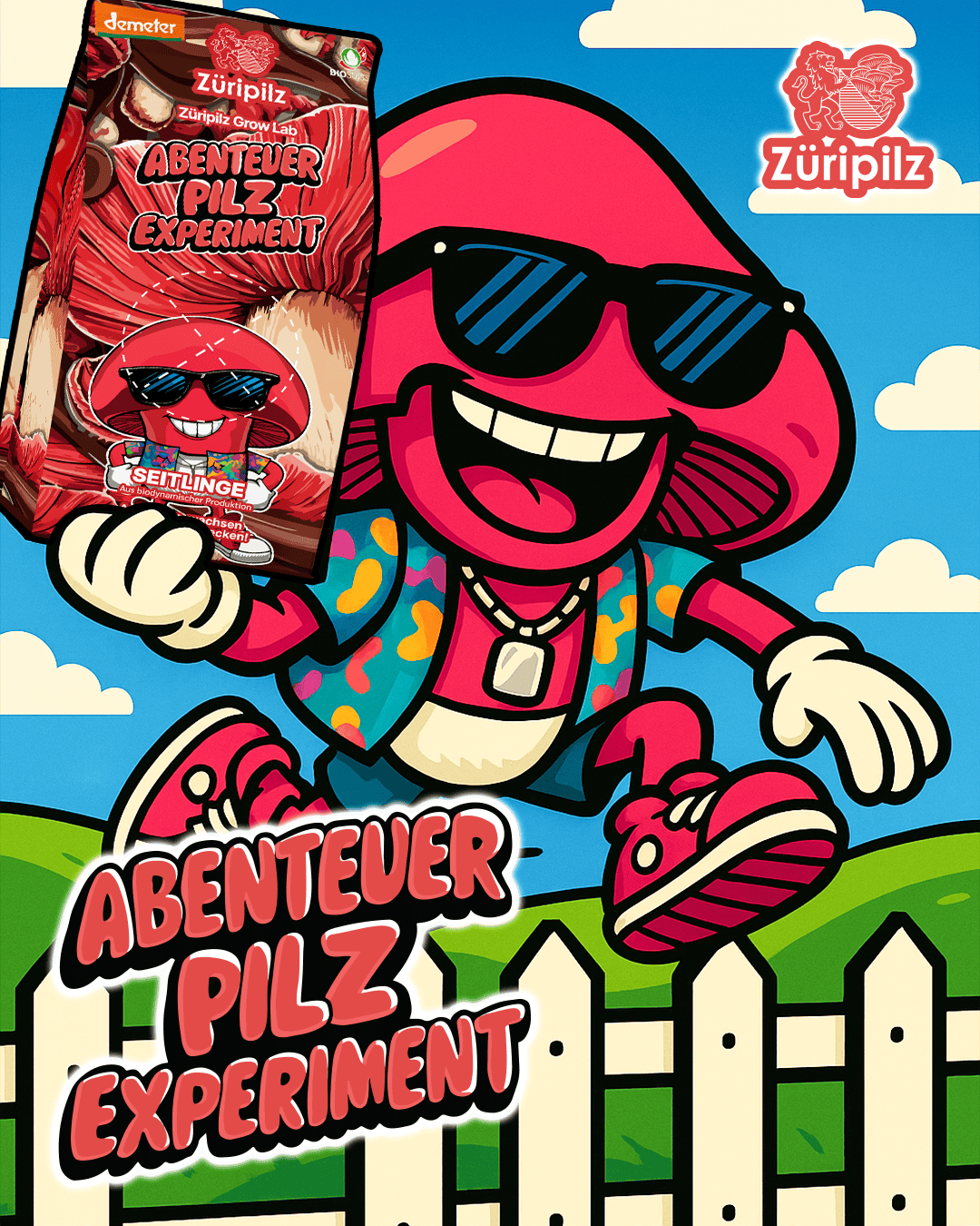 Capsi hüpft mit der Abenteuer-Pilzbox über einen Zaun auf einer grünen Wiese