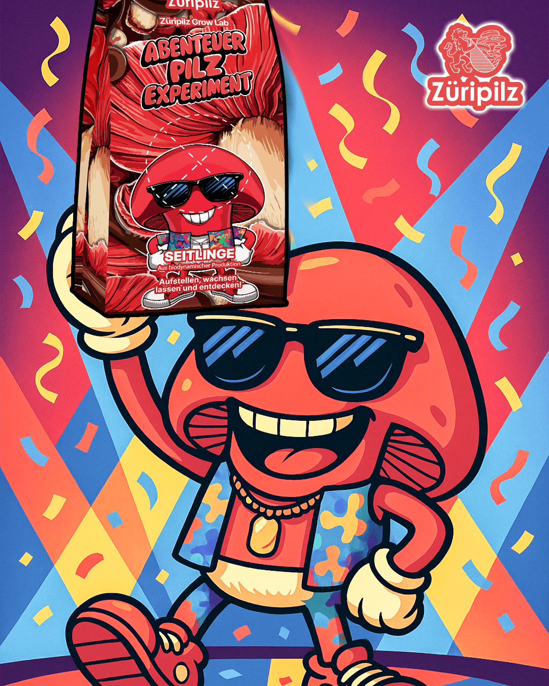 Capsi feiert mit der Abenteuer-Pilzbox tanzend in einer bunten Disco