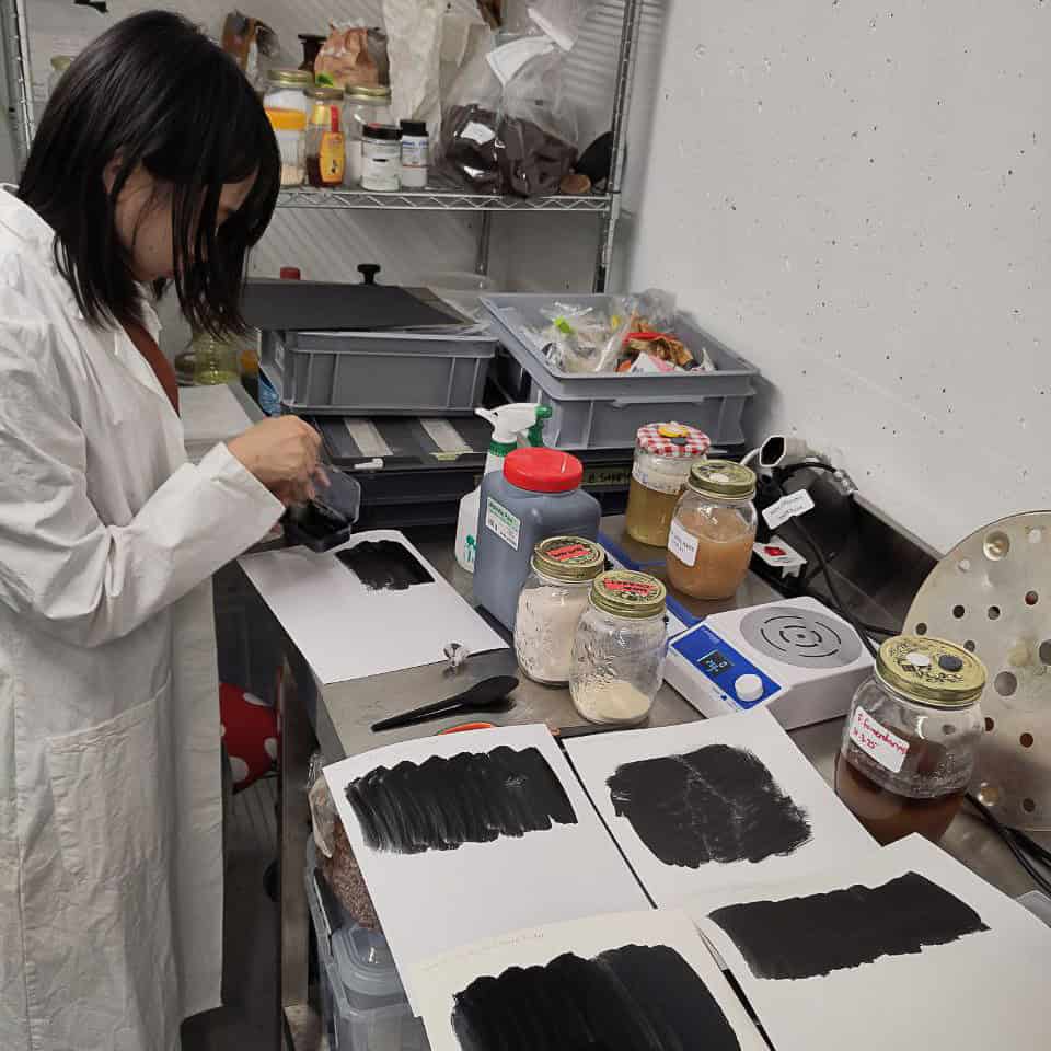 Eingefärbte Pilze und künstlerische Farbabdrücke auf Papier