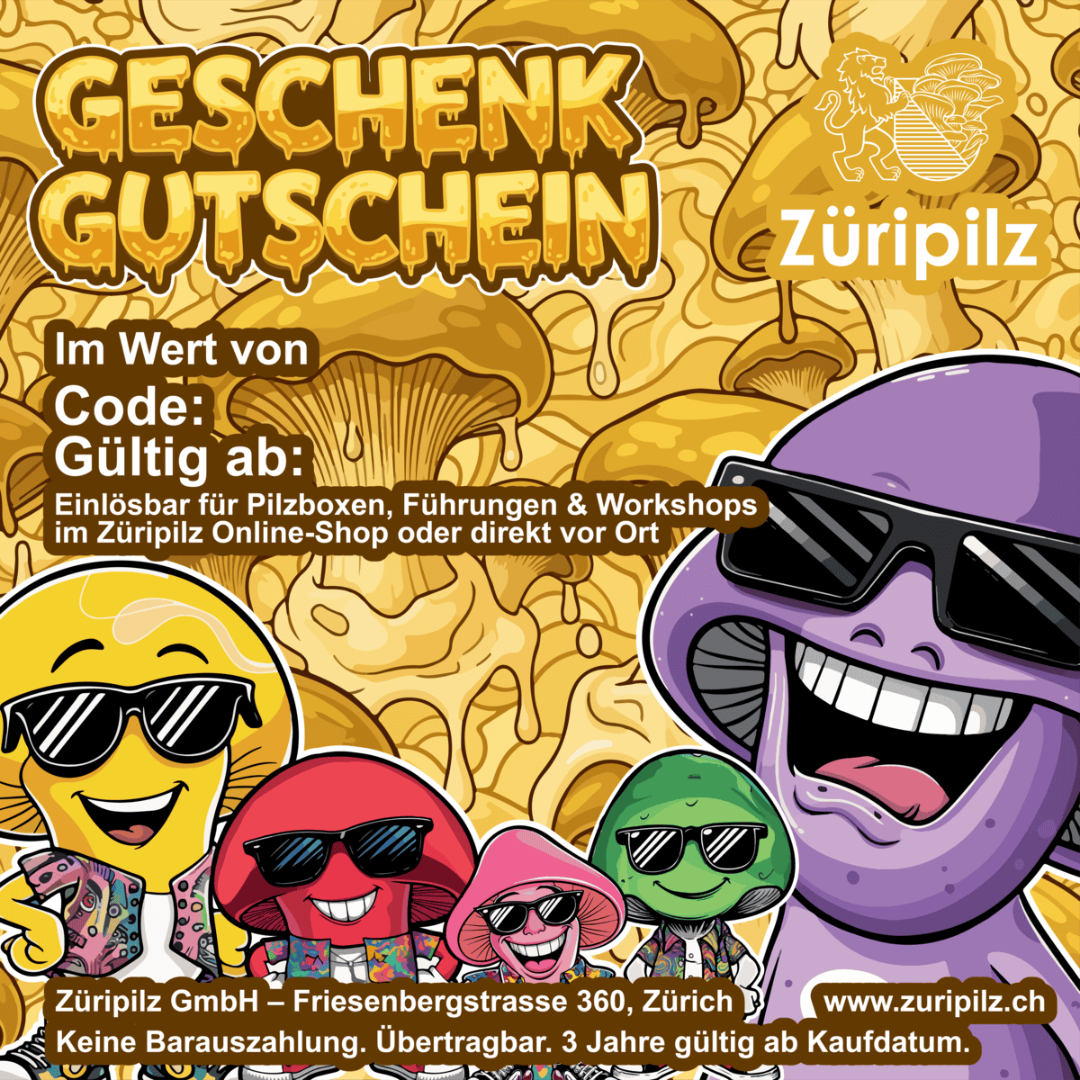 Gelber Einkaufsgutschein von Züripilz mit fünf Pilzcharakteren als Illustration