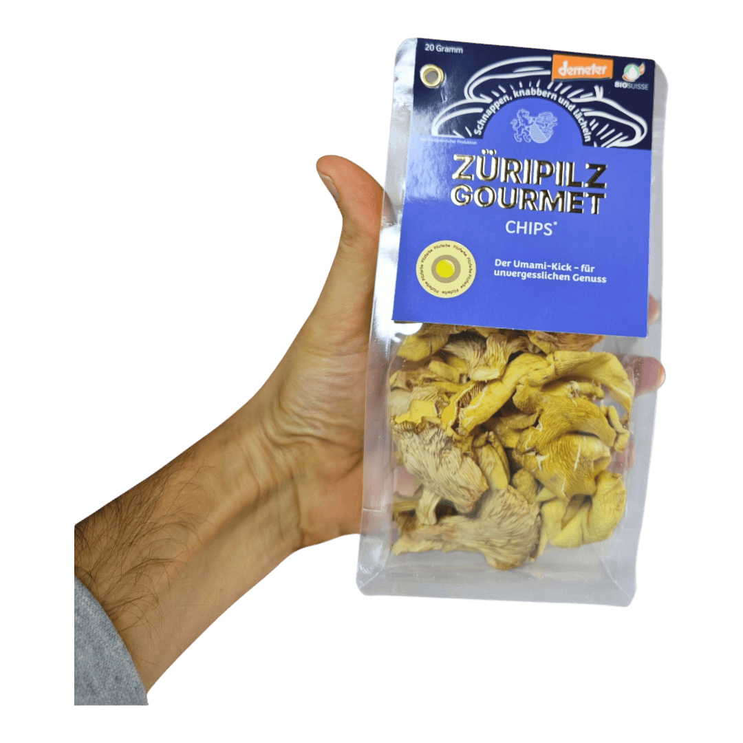 Züripilz Gourmet Chips aus Zitronenseitlingen in der Hand
