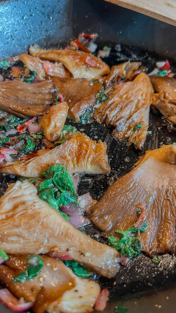 Austernseitlinge zubereiten – goldbraune Pilze in Pfanne, Salz erst am Schluss