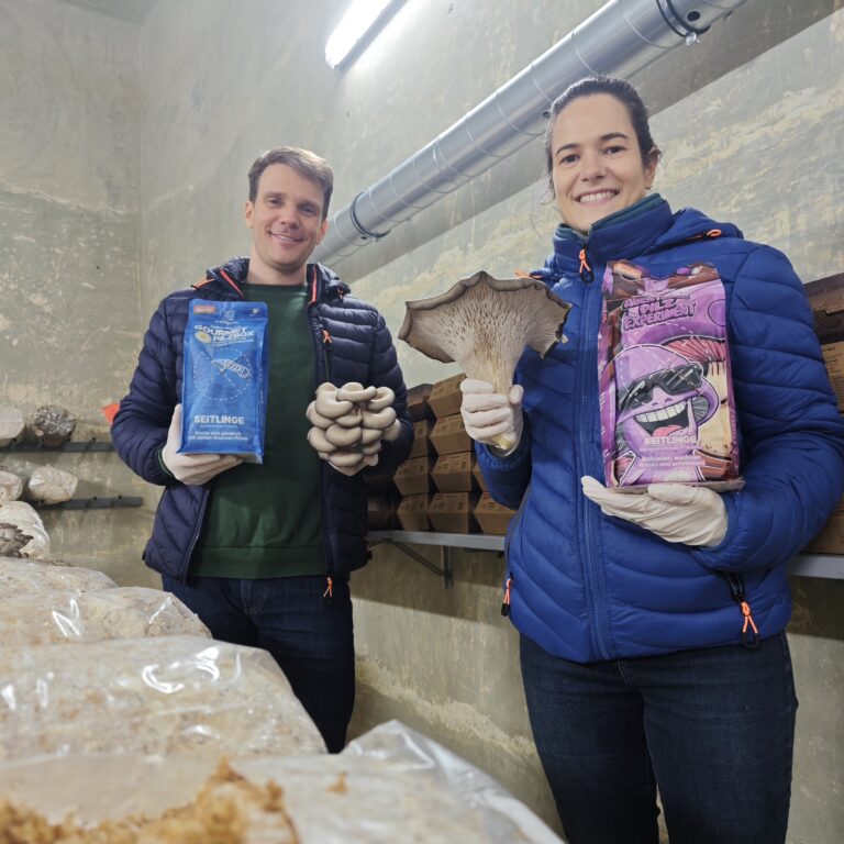Carsten und Silvia von Züripilz mit Pilzboxen in der Pilzzucht in Zürich
